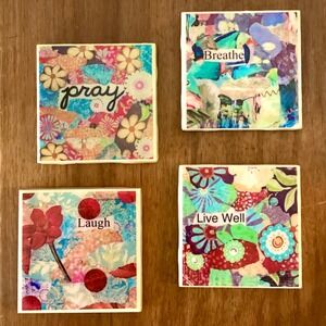 Leslie Phillips Orange Pops Floral Collage Ceramic Tile Coaster Set